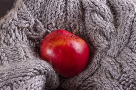 Red apple in a knitted gray sweater