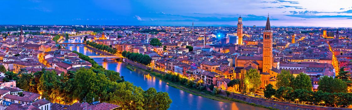 Verona old city and Adige river panoramic aerial view at evening, Veneto region of Italy