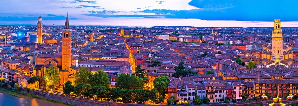 Verona old city and Adige river panoramic aerial view at evening, Veneto region of Italy