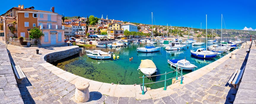 Idyllic mediterranean waterfront in Volosko village panoramic view, Opatija riviera, Kvarner, Croatia