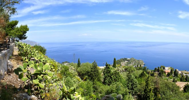 panoramic view of the mediterranean sea with cactus plants from Taormina, Sicily