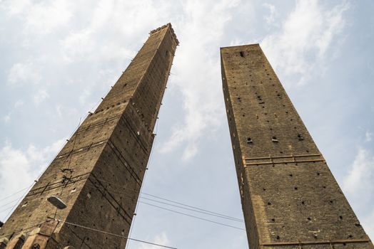 Torre Garisenda and Degli Asinelli Tower in Bologna Emilia Romagna, Italy