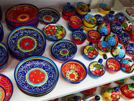 Traditional colorful hand painted Spanish ceramic pottery souvenir for sale Spain
