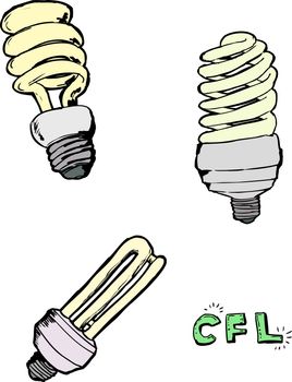 Various sketches of compact fluorescent light bulbs over white background