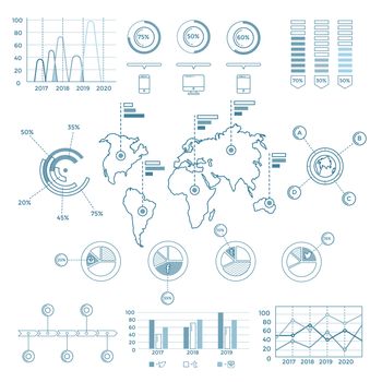 Flat linear infographic elements of social media, social networking, mobile app, sharing, communication, and social commerce.