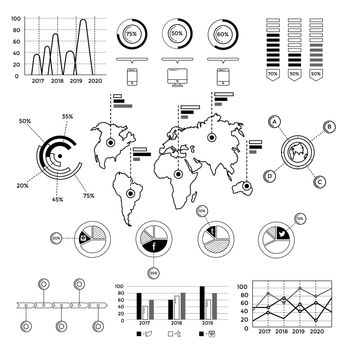 Flat linear infographic elements of social media, social networking, mobile app, sharing, communication, and social commerce.