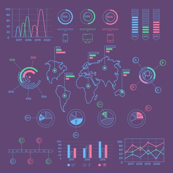 Flat linear infographic elements of social media, social networking, mobile app, sharing, communication, and social commerce.