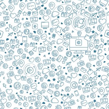 Flat linear seamless pattern of social media, social networking, mobile app, sharing, communication, and social commerce.