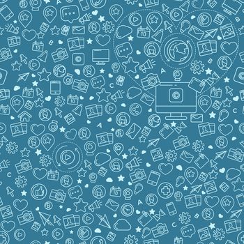 Flat linear seamless pattern of social media, social networking, mobile app, sharing, communication, and social commerce.