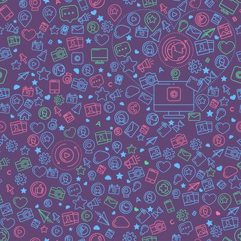 Flat linear seamless pattern of social media, social networking, mobile app, sharing, communication, and social commerce.