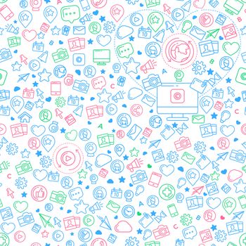 Flat linear seamless pattern of social media, social networking, mobile app, sharing, communication, and social commerce.