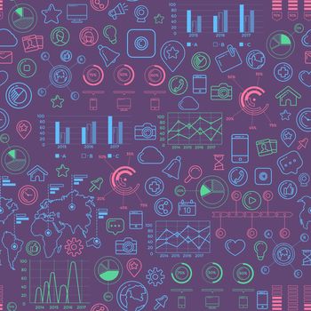 Flat linear seamless pattern of social media, social networking, mobile app, sharing, communication, and social commerce.