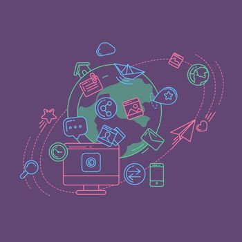 Flat linear illustration of social media, social networking, mobile app, sharing, communication, and social commerce.