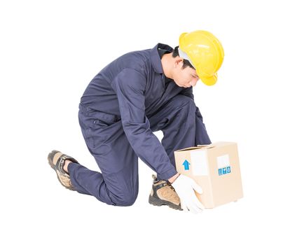 Man in uniform lifting the paper box, Isolated on white background