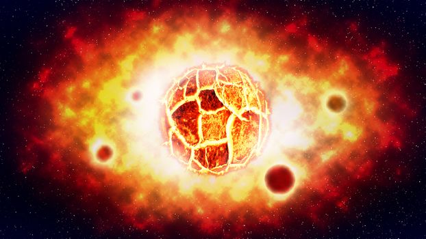 The cracked sun explosion and planet on space . illustration .