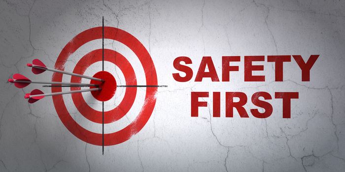 Success security concept: arrows hitting the center of target, Red Safety First on wall background, 3D rendering