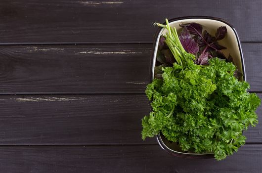 A bunch of fresh parsley in a ceramic tray on a black background. Fresh greens for salad