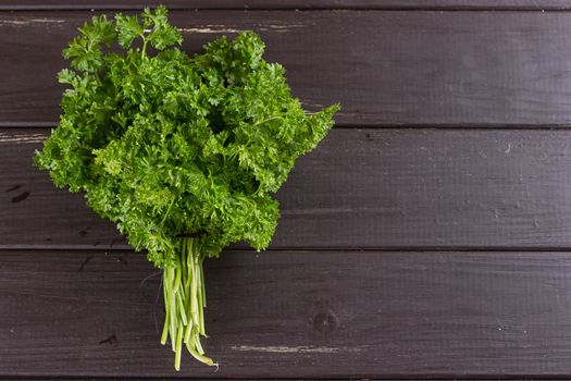 Fresh basil greens, parsley on a black background. Dark rustic style.