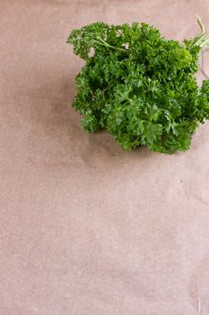 Bunch of parsley and wrapping paper on black wooden background. Copy-space composition