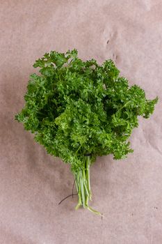 Bunch of parsley and wrapping paper on black wooden background. Copy-space composition