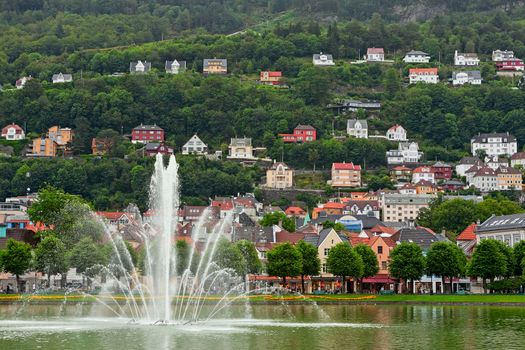 Fountain in the lake inside the city of Bergen, Norway