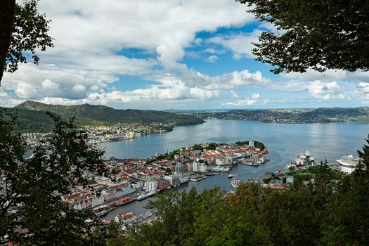 Panoramic top view on the harbor of Bergen, Norway