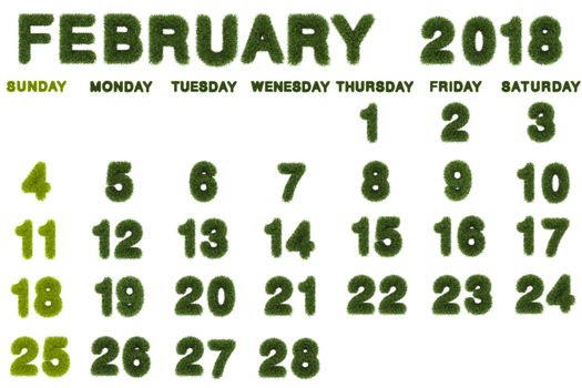 Calendar for February 2018 on white background,3d rendering green grass