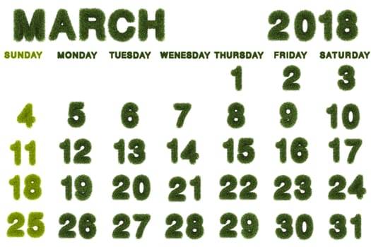 Calendar for March 2018 on white background,3d rendering green grass