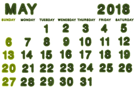 Calendar for May 2018 on white background,3d rendering green grass