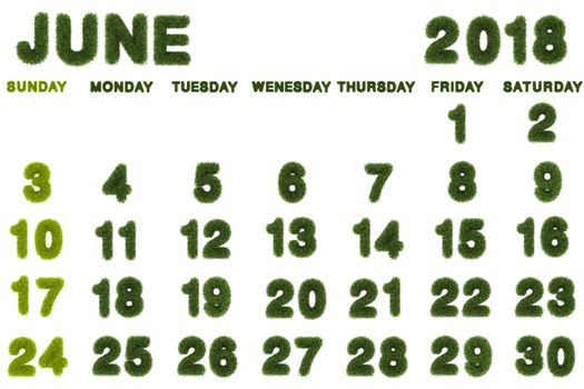 Calendar for June 2018 on white background,3d rendering green grass