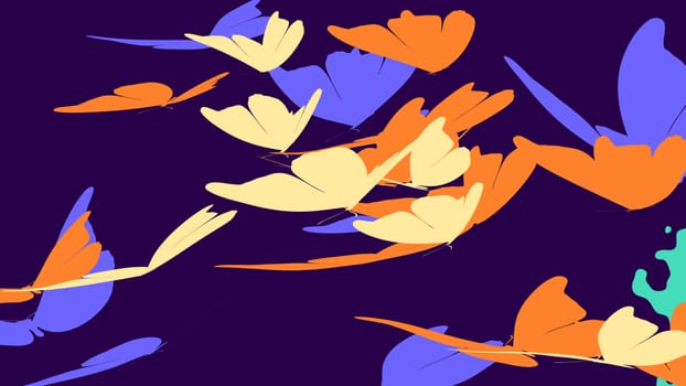 Joyful 3D rendering of the big orange, blue, and white butterflies with clubbed antennae, and fairy tale fragile wings, flying in profile in the bright violet background 