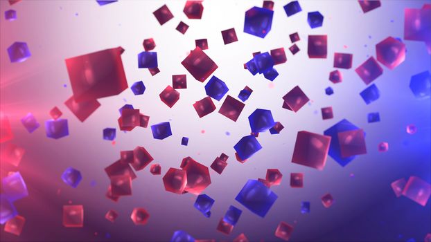 Enigmatic 3d rendering of flying cubes in the air of purple and violet colors with round balls inside. The backgroung presents the colored palette where white, blue,red colors dominate