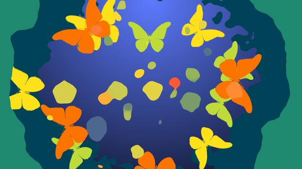 Exciting 3D illustration of orange, yellow and light yellow butterflies flying between bright yellow spots over some blue and turquoise and violet flower located in the center