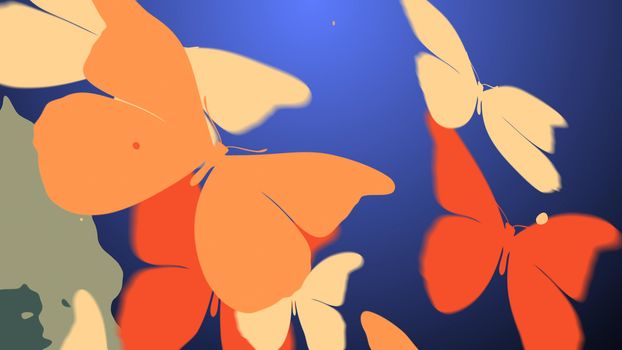  Splendid 3D illustration of the exotic orange, pink, and white butterflies, in the light and dark violet background. The big butterflies look romantic, exotic and inspiring