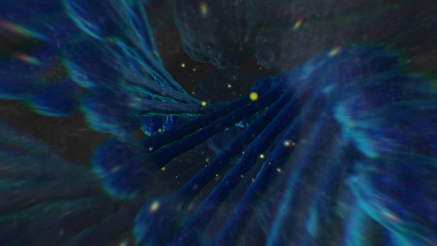 Enigmatic 3d rendering of a futuristic looking universe with clubbed lines, sinister smoke, and bright spots in the dark blue background.The illustration looks unusual and fine