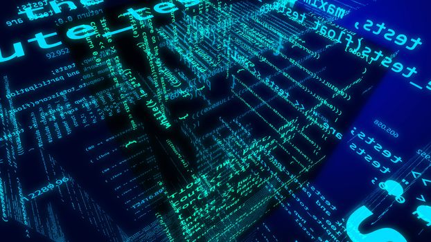 Impressive 3d rendering of a digital cyberspace with flying numbers, formulas, and words. Some black and dark blue cube is in the center in the bright blue background