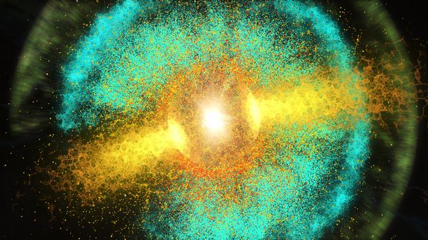 Impressive 3D illustration of the light green galaxy with a lot of dots having a round shape with a ball looking center of yellow color. The galaxy looks bright and dreamlike