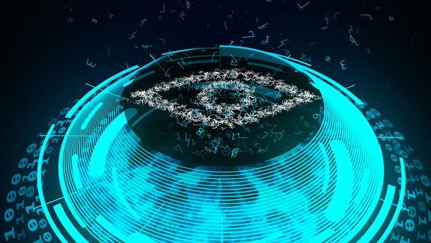 Futuristic 3d illustration of a light blue and spheric cyber security device to check the identity of a person through his or her eye. The appliance is spheric and light blue
