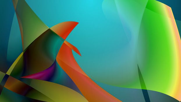 Arty looking 3D illustration of several multicolored fish flippers which touch each other tenderly. This is an enigmatic representation of dolphin love in yellow, blue and green colors