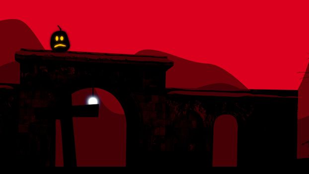 3D rendering of two old arches with a cross inside of the left at a graveyard on Halloween at night. The scary pumkin is on the left arch. The red background and the full moon look creepy. 