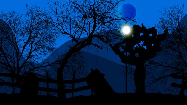 3D illustration several half ruined tombs and creepy trees at a graveyard on Halloween at night.  The blue sky and dark blue mountains at the full moon look sinister. 
