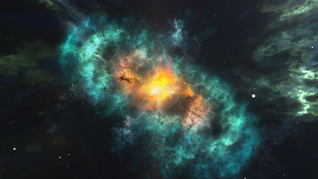 Splendid 3D illustration of a bright blue galaxy covered with blurred plazma looking clouds consisting of billions of suns, stars and planets. The center is bright yellow