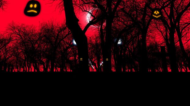3D rendering of an ancient graveyard with two lit pumpkins and sinister trees on Halloween at moon eclipse. The sinister red sky and street lanterns look mysterious and threatening. 