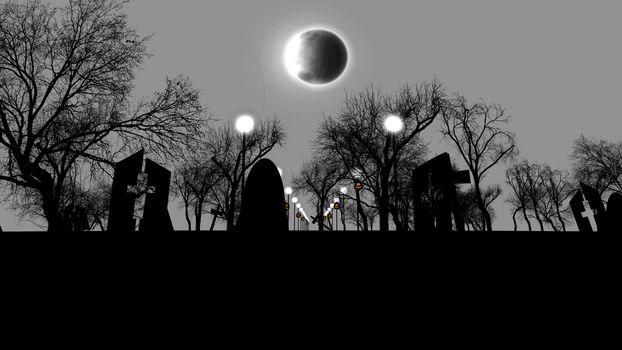 3D illustration of an old cemetry full of creepy spitirs with half ruined tombs with crosses, street lanterns, sinister trees, on Halloween.  The dark sky and moon blackout look chilling. 