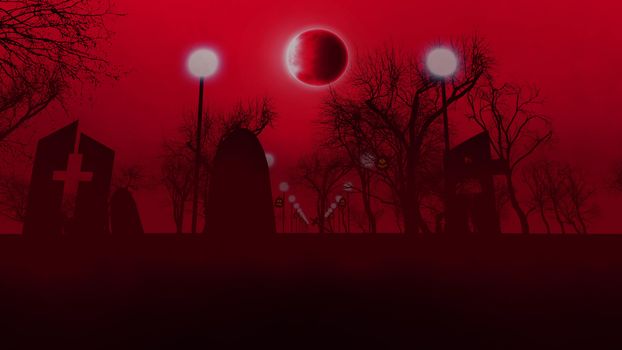 3D rendering of an old graveyard with three tombs with crosses, a row of street lanterns, and several sinister trees, on Halloween.  The bloody sky and moon eclipse look menacing. 