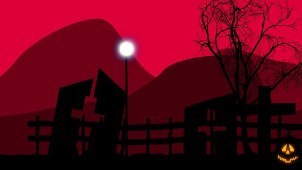 3D illustration of an old graveyard with three half ruined tombs with crosses, a sinister tree, and a street lantern on Halloween. The dark red sky looks mysterious and threatening.