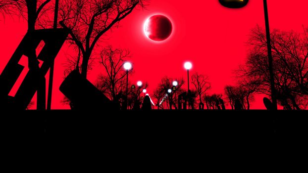 3D illustration of an old cemetry with several half ruined tombs with crosses, a row of street lanterns, and several sinister trees, on Halloween.  The red sky and moon eclipse look  ominous. 