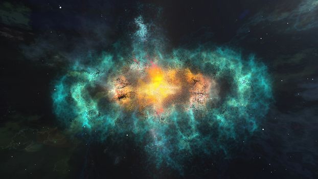 Futuristic 3D illustration of a plazma looking galazy of a light blue color with a bright yellow center covered with billions of stars and planets in outer space