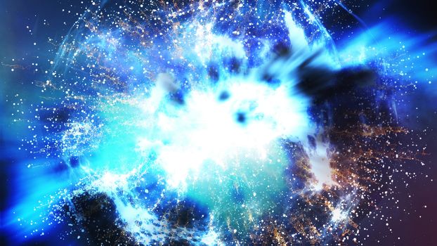 Impressive 3D rendering of the initial expansion of the universe after a huge big bang with billions of cosmic elements, abundance of light elements, and halos of dark matter