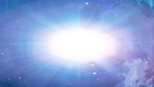 3D rendering of the Big Bang explosion in the light blue background with a bright plazma looking center and billions of flying atomic elements and mysterious smoke around it